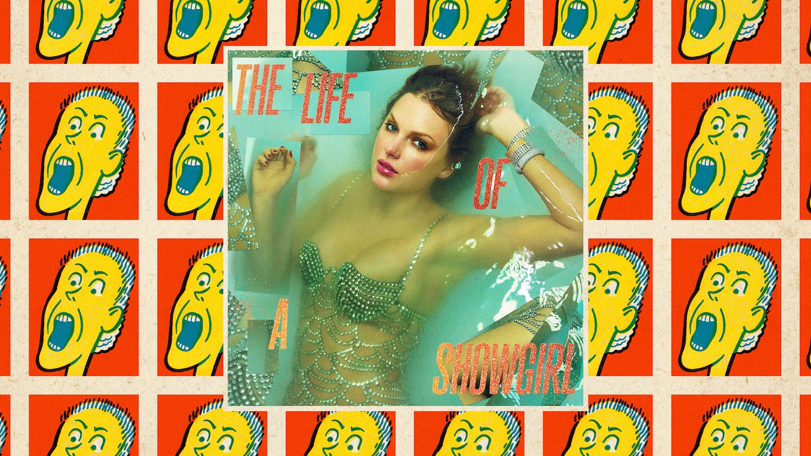 A photo illustration of Taylor Swift's The Life of a Showgirl and a pattern of a screaming person.