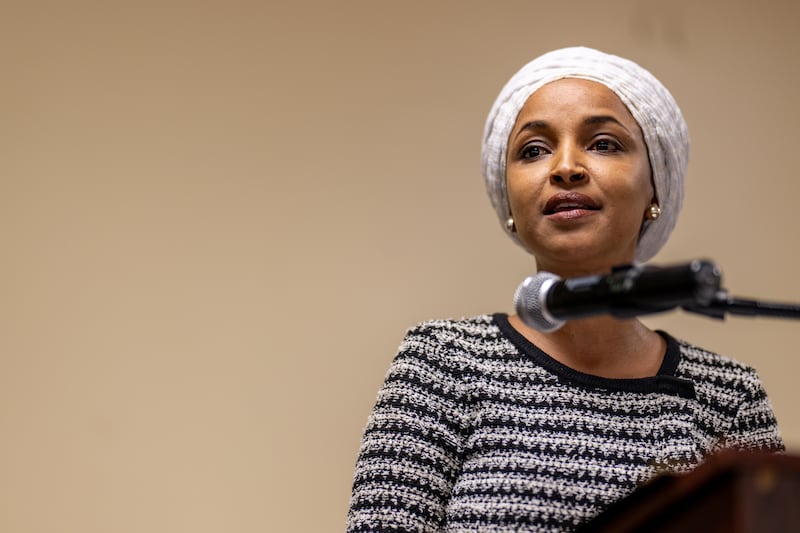 U.S. Rep. Ilhan Omar (D-MN) speaks during a town hall meeting at the Urban League Twin Cities facility on January 27, 2026 in Minneapolis, Minnesota. A person holding a syringe charged the podium as Omar spoke.
