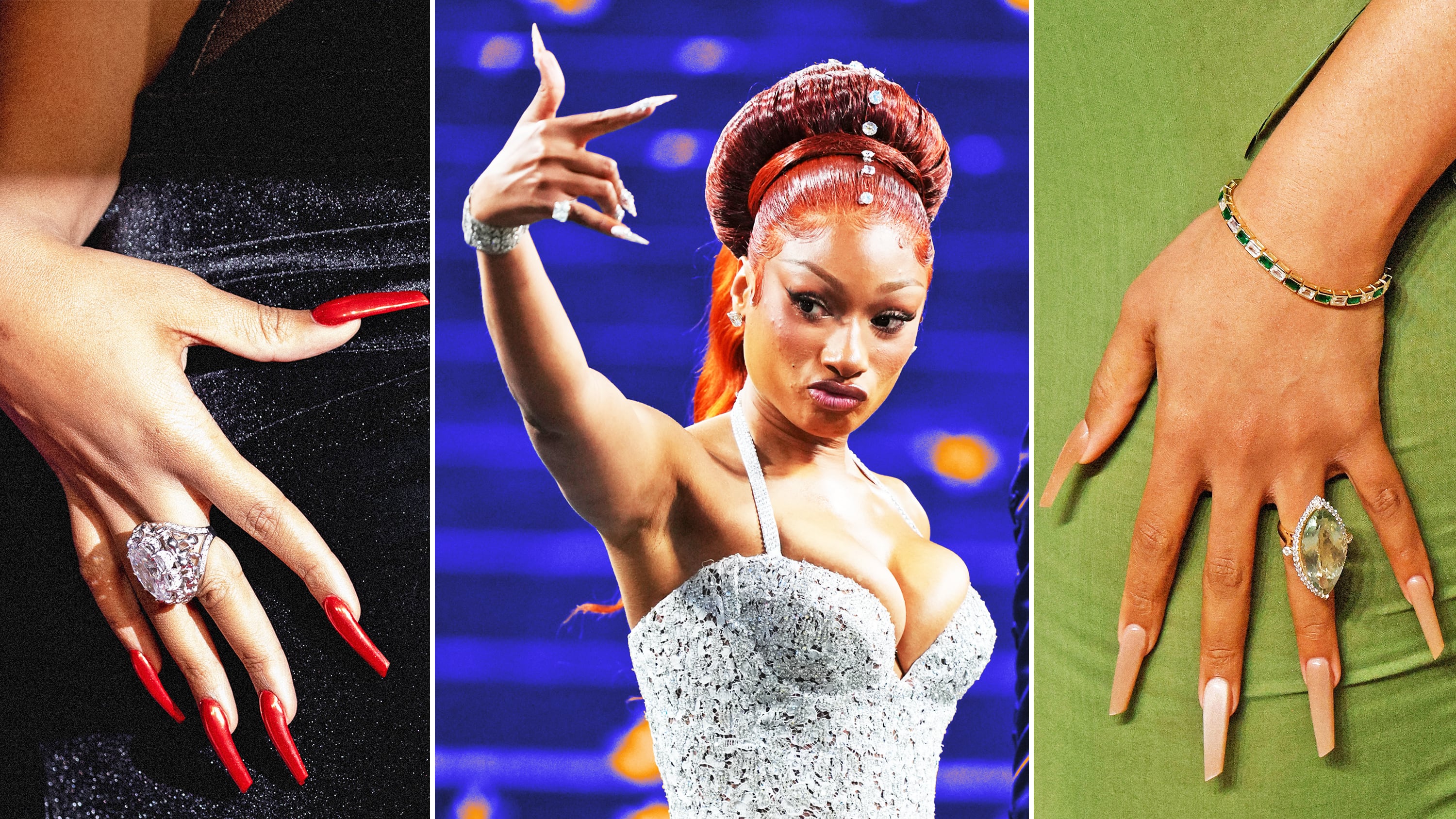 A photo composite of Megan Thee Stallion and her different manicures.