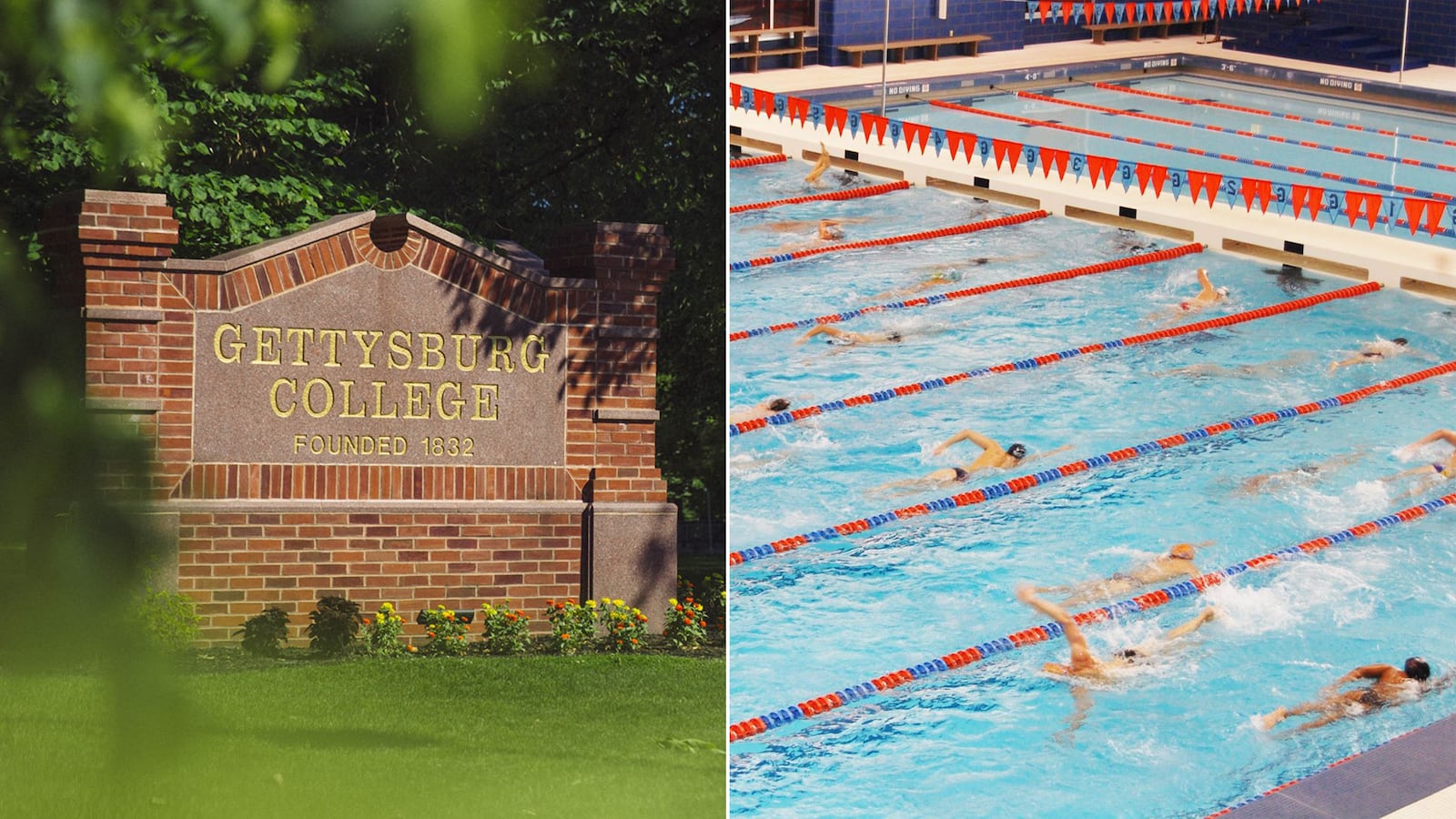 Gettysburg College sign and a swimming pool