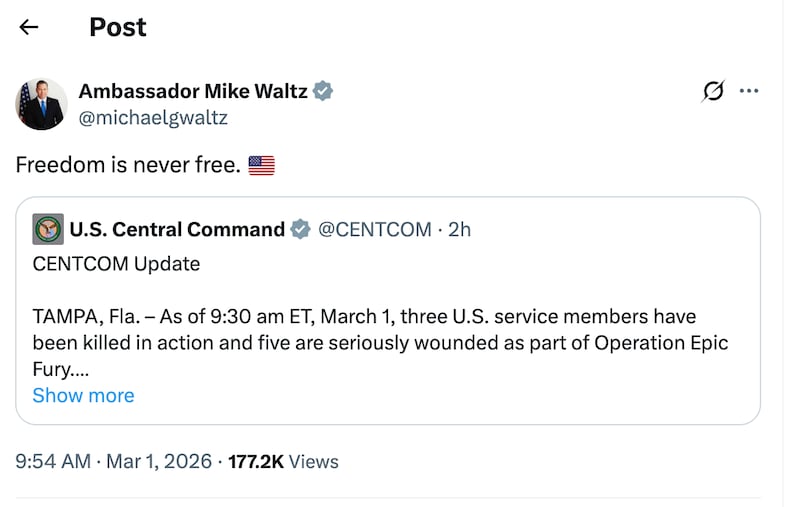 UN Ambassador Mike Waltz made a statement on the American casualties.