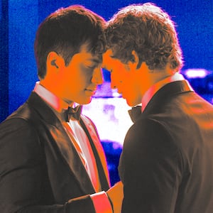 A photo illustration of Hudson Williams and Connor Storrie in Heated Rivalry.