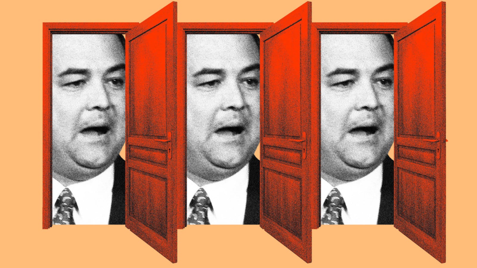 Photo illustration of Christian Ziegler in repeating red open doors on an orange background.