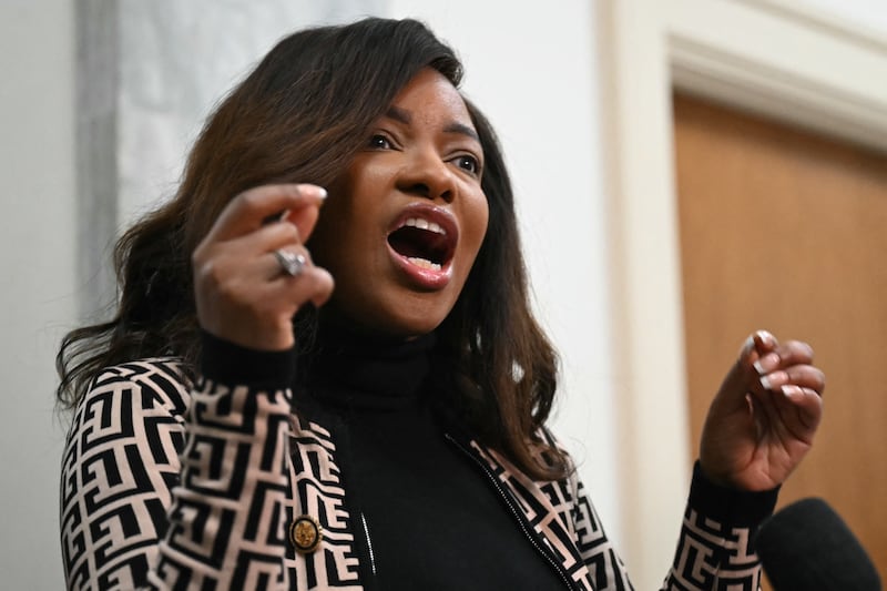 Texas Rep. and Democratic Senate candidate Jasmine Crockett speaks to reporters after a House Oversight Committee closed-door virtual deposition with Ghislaine Maxwell on Capitol Hill in Washington, DC, on February 9, 2026.
