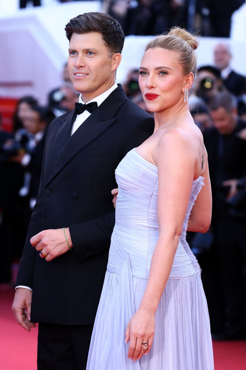 CANNES, FRANCE - MAY 20: Colin Jost and Scarlett Johansson attend the "Vie Privée" (A Private Life) red carpet at the 78th annual Cannes Film Festival at Palais des Festivals on May 20, 2025 in Cannes, France.