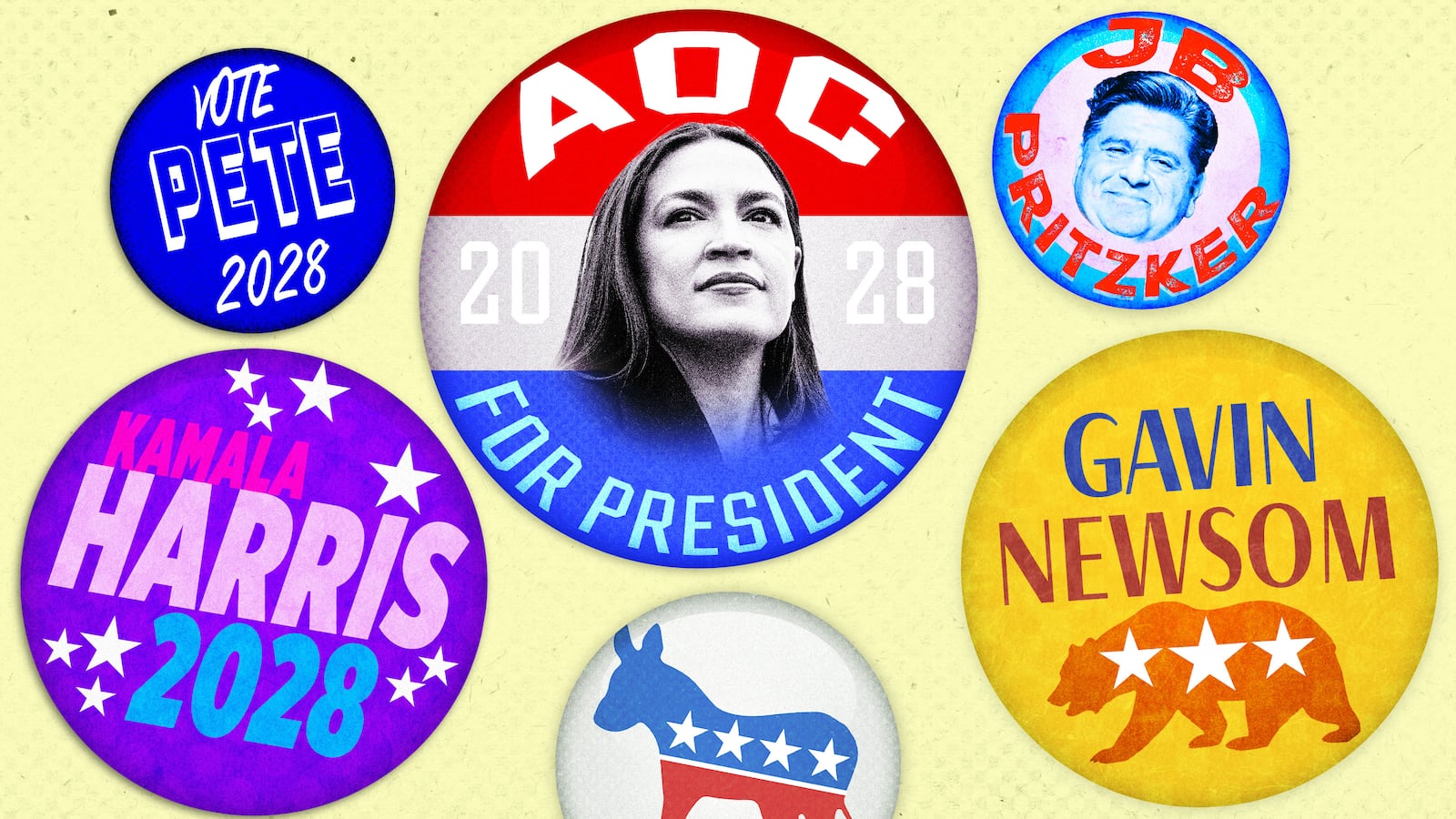 A photo illustration of 2028 democratic campaign buttons and pins. AOC, Pritzker, Newsom, Buttigeg, and Kamala Harris.