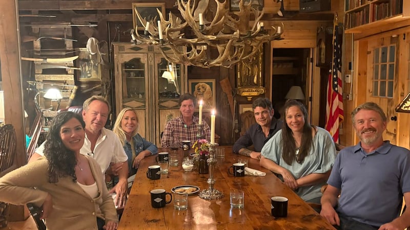 Leaders of new anti-Trump movement, including Tucker Carlson (back), next to Marjorie Taylor Greene and her new husband Brian Glenn, and outgoing Rep. Thomas Massie (right) gather to plot tactics.