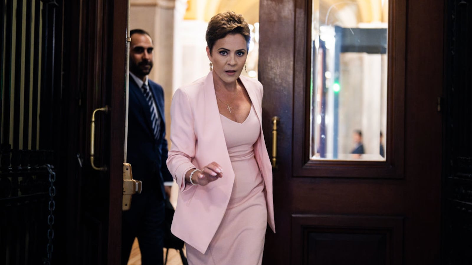 Kari Lake, Republican Senate candidate from Arizona, leaves the U.S. Capitol after a meeting with Senate Minority Leader Mitch McConnell.