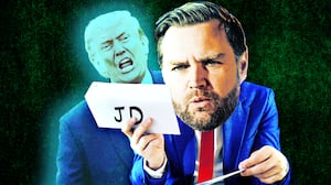 A photo illo illustration of JD Vance holding a letter from a ghostly Donald Trump.