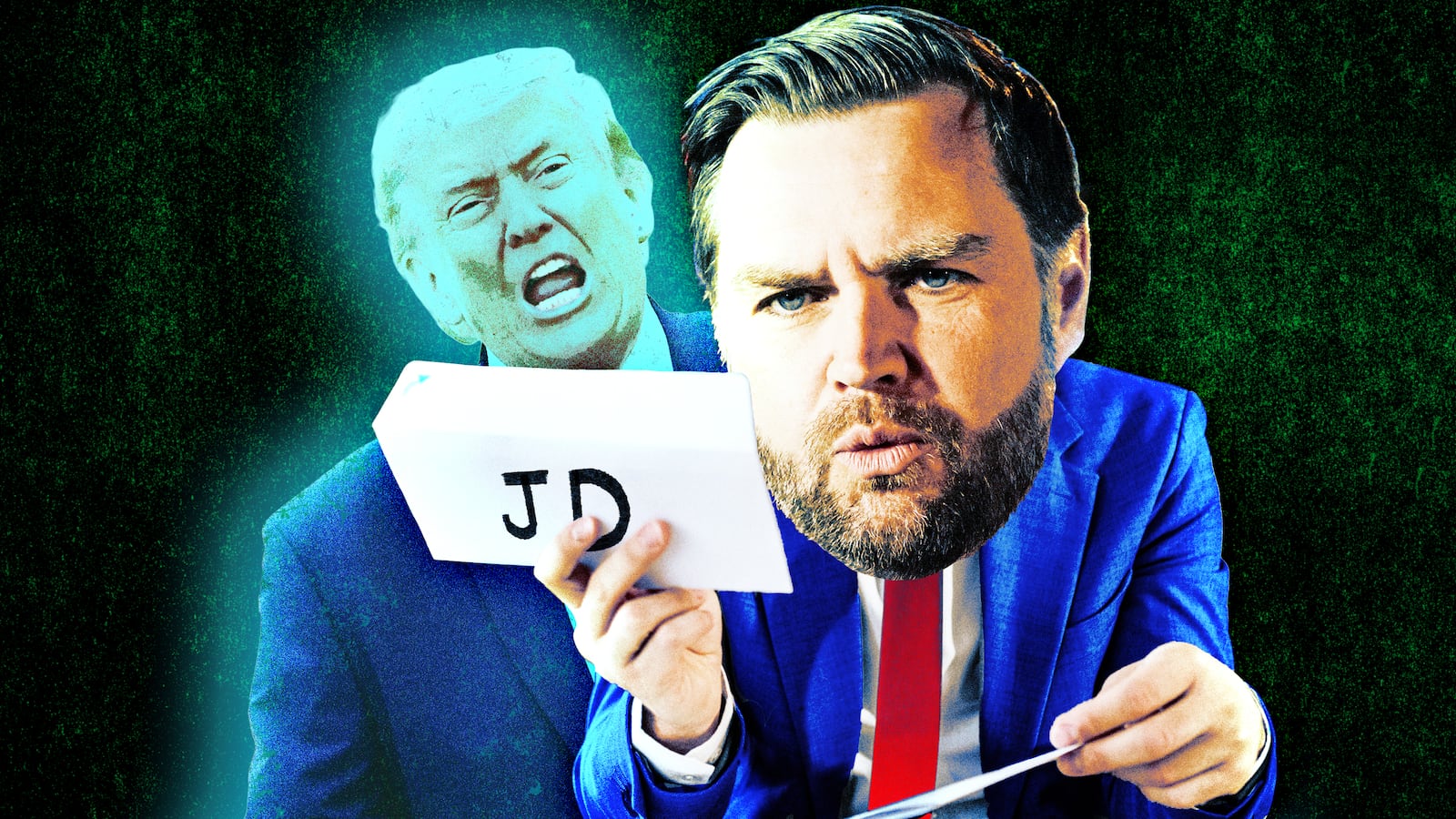 A photo illo illustration of JD Vance holding a letter from a ghostly Donald Trump.