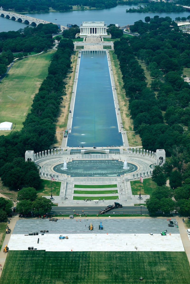 The Lincoln Memorial Reflecting Pool continues to show signs of an algae bloom on the National Mall on June 22, 2026 in Washington, DC. President Donald Trump said that another round of repairs to the iconic basin will begin immediately after paint started peeling following the completion of a recent $14 million no-bid restoration project.