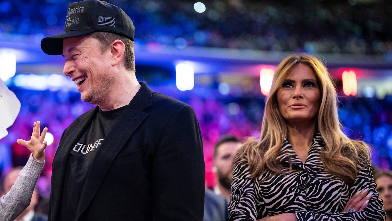 Elon Musk and former first lady Melania Trump listen as Republican presidential nominee former President Donald Trump speaks at a campaign rally at Madison Square Garden in New York, NY on Sunday, Oct. 27, 2024.