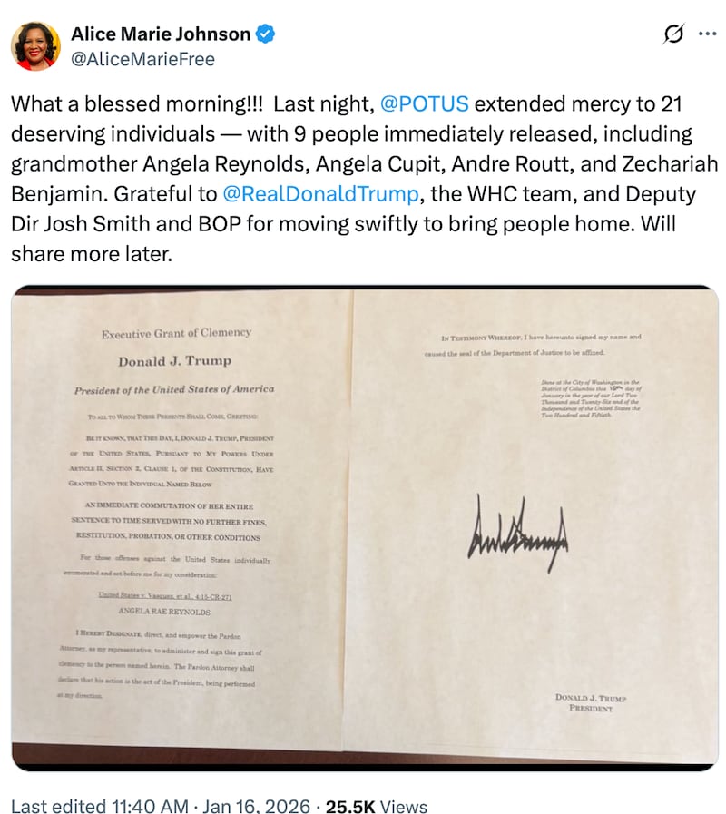 White House Pardon Czar Alice Marie Johnson's post X about January 2026 pardons.