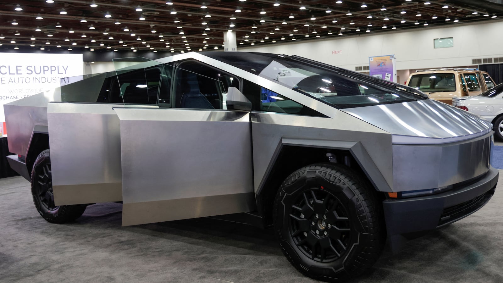 The Tesla Cybertruck is displayed at the SAE WCX conference in Detroit, Michigan, U.S., April 18, 2024.