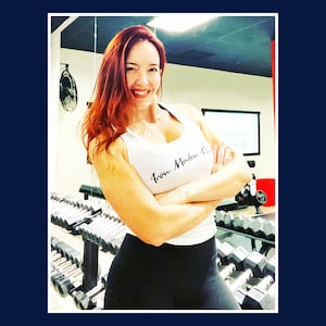 A photo composite of Carolyn McGuire at The Iron Method in Sherman Oaks.