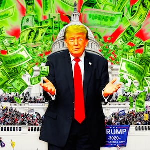 A photo illustration of Donald Trump, flying money, and the Capitol Jan. 6 rioters in 2021.