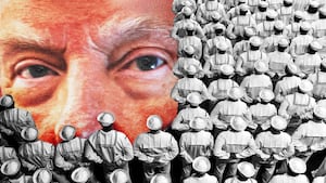 Donald Trump peeking out from a sea of Navy sailors