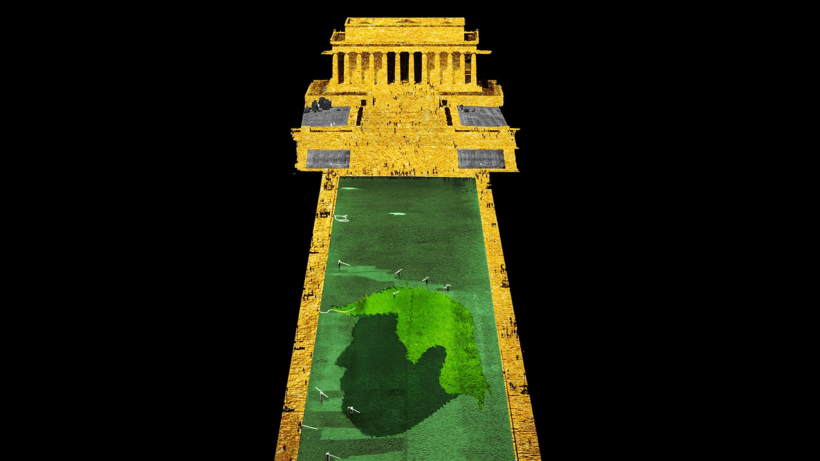 Reflecting Pool covered in algae looking like Donald Trump's head and the lincoln memorial gold