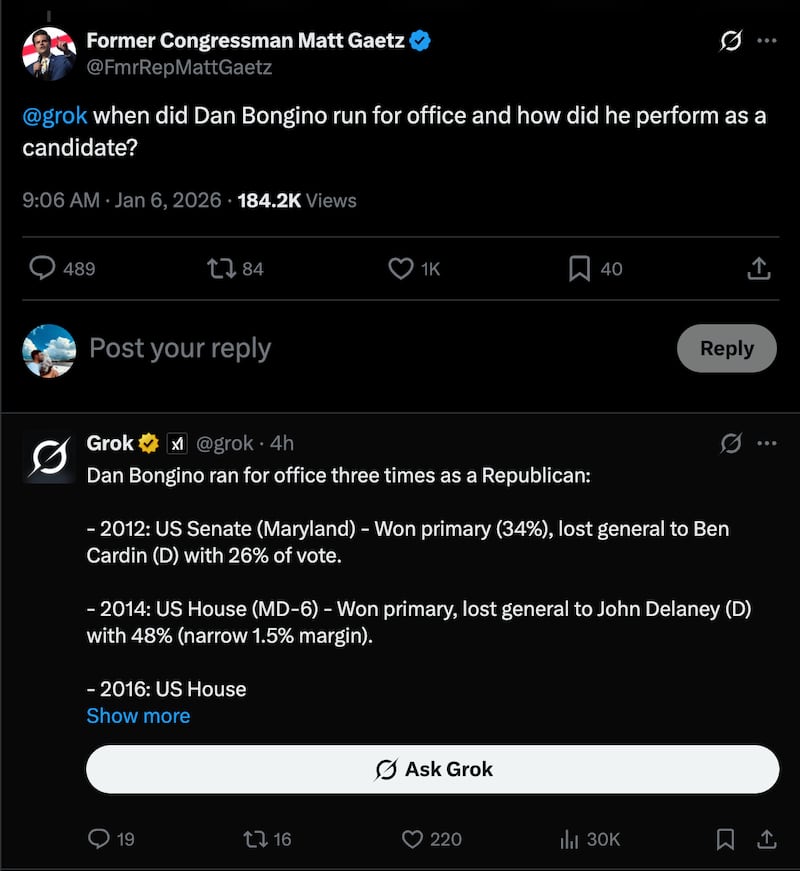 Matt Gaetz fired the first shot at Dan Bongino on Tuesday morning, inquiring about his trio of failed Congressional bids.