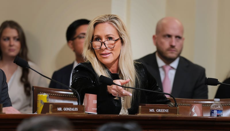 WASHINGTON, DC - DECEMBER 11: Rep. Marjorie Taylor Greene (R-GA) speaks during a hearing with the House Committee on Homeland Security in the Cannon House Office Building on December 11, 2025 in Washington, DC. The committee convened to hear testimony from top national security officials on potential worldwide threats. (Photo by Anna Moneymaker/Getty Images)