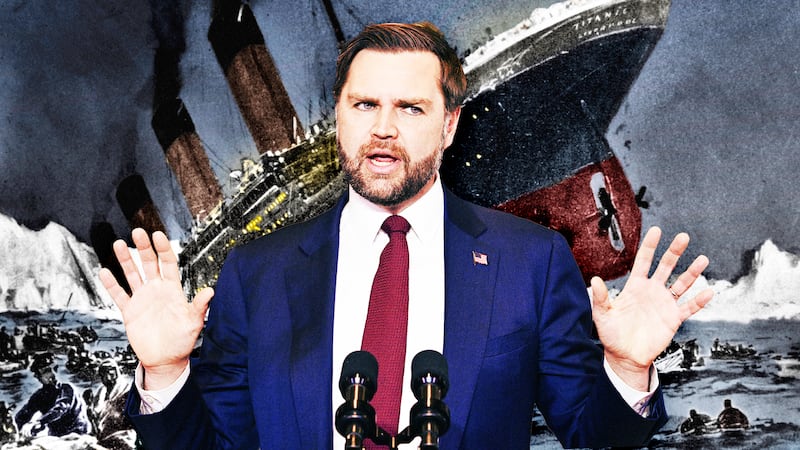 A photo illustration of JD Vance in front of the Titanic sinking.