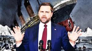 A photo illustration of JD Vance in front of the Titanic sinking.