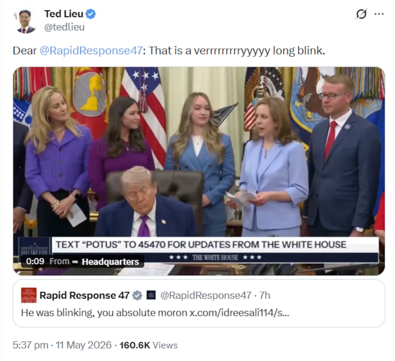 Ted Lieu's response to White House 'blinking' claim