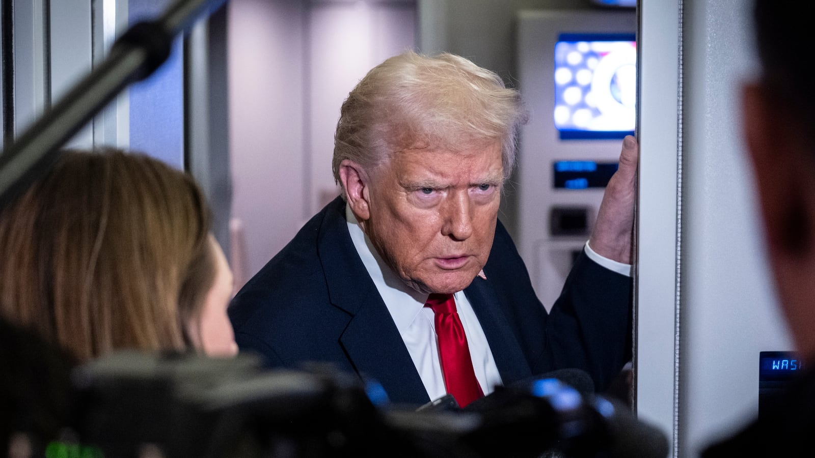 IN FLIGHT - NOVEMBER 25: President Donald Trump speaks to the media aboard Air Force One on November 25, 2025 in flight en route to Florida. The Trumps are traveling to Mar-a-Lago in Palm Beach, Florida for the Thanksgiving holiday. (Photo by Pete Marovich/Getty Images)