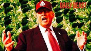 A photo illustration of Donald Trump and military members behind him for the podcast.