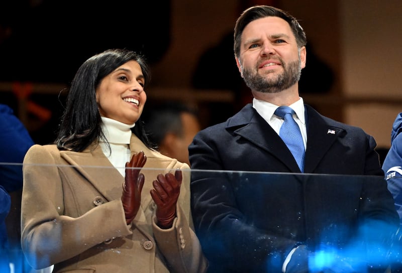JD Vance, Vice President of the United States, with his wife Usha (left) during the Opening Ceremony for the Milano Cortina 2026 Winter Olympics, San Siro, Milan. Picture date: Friday February 6, 2026. (Photo by Peter Kneffel/POOL/PA Images via Getty Images)