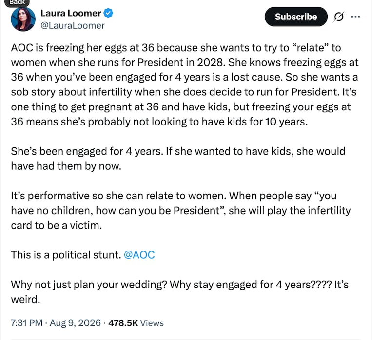 MAGA influencer Laura Loomer blasted AOC over her decision to freeze her eggs in a series of X posts.