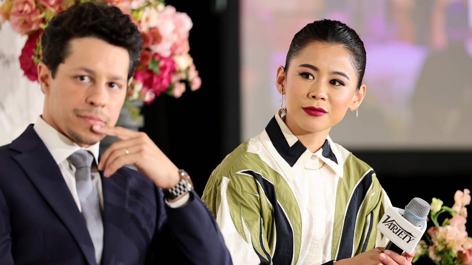 WEST HOLLYWOOD, CALIFORNIA - MAY 07: (L-R) David Del Rio and Leah Lewis speak onstage at "Meet the Makers: Matlock" during Variety’s FYC TV FEST at 1 Hotel West Hollywood on May 07, 2025 in West Hollywood, California.