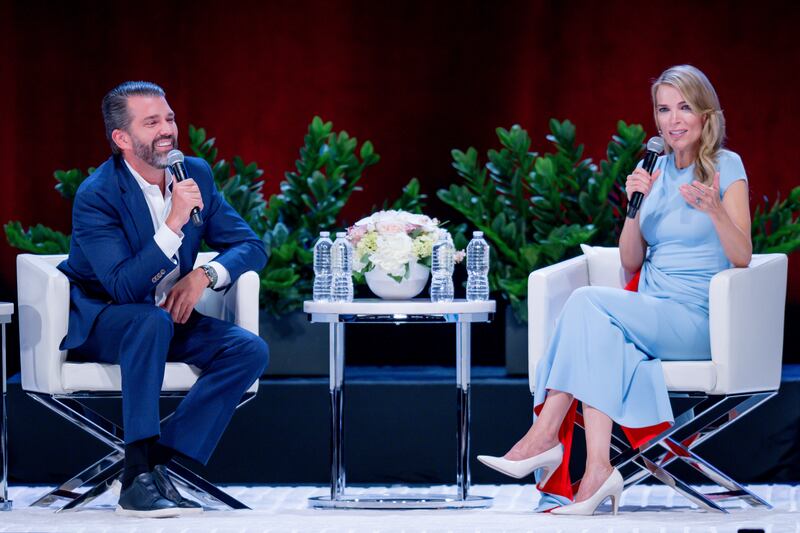 Donald Trump Jr. and Megyn Kelly speak onstage at Smart Financial Centre on October 23, 2025 in Sugar Land, Texas.