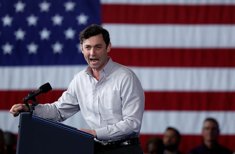 Jon Ossoff speaks during a Joe Biden campaign event at Pullman Yards in Atlanta, Georgia, U.S. March 9, 2024.