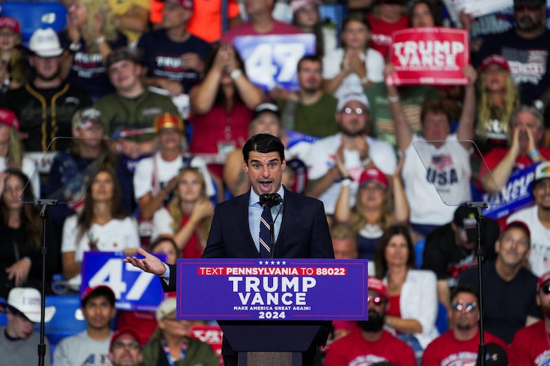 Member of the Republican Party Rob Bresnahan speaks during a campaign rally of Republican presidential nominee and former U.S. President Donald Trump in Wilkes-Barre, Pennsylvania, U.S. August 17, 2024. REUTERS/Jeenah Moon