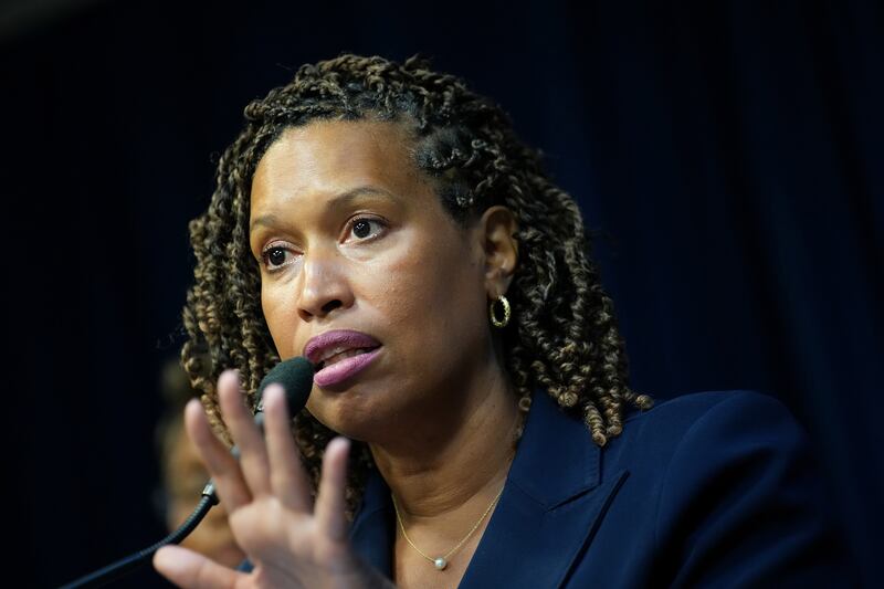 Washington, DC Mayor Muriel Bowser speaks at a press conference after President Donald Trump announced a federal takeover of the Metropolitan Police Department at the Wilson Building on August 11, 2025 in Washington, DC.