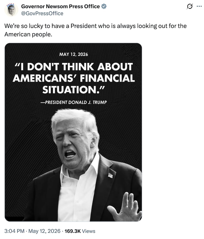Gavin Newsom calls out President Donald Trump over remarks on Iran and financial stress.