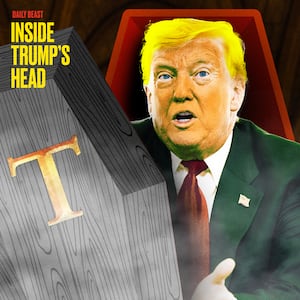 A photo illustration illo of Donald Trump and a casket for Inside Trump's Head podcast.