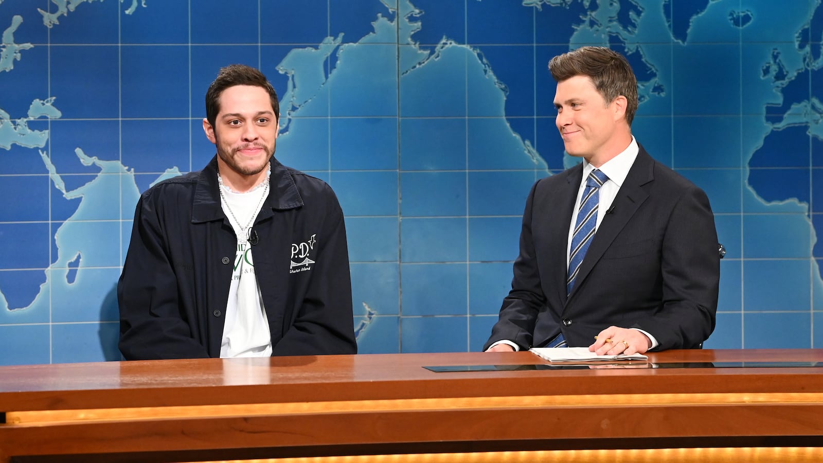Pete Davidson and anchor Colin Jost during Weekend Update on SNL