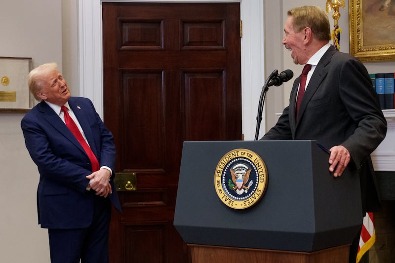 WASHINGTON, DC - JANUARY 21: Oracle co-founder, CTO and Executive Chairman Larry Ellison and U.S. President Donald Trump share a laugh as Ellison uses a stool to stand on as he speaks during a news conference in the Roosevelt Room of the White House on January 21, 2025 in Washington, DC. Trump announced an investment in artificial intelligence (AI) infrastructure and took questions on a range of topics including his presidential pardons of Jan. 6 defendants, the war in Ukraine, cryptocurrencies and other topics. (Photo by Andrew Harnik/Getty Images)