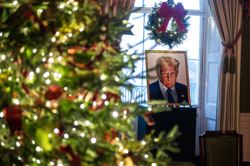 A LEGO portrait of President Donald Trump is seen in the Green Room