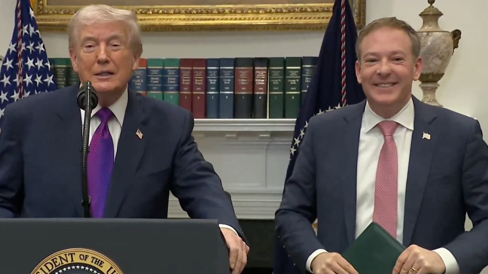 EPA Administrator Lee Zeldin, right, smiled awkwardly after President Donald Trump called his speech, during which he closed his eyes for extended periods, “long.”