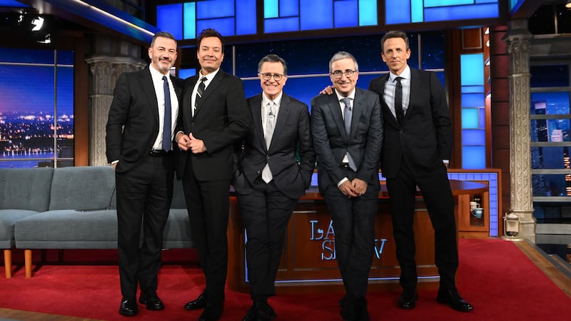 Stephen Colbert and guests Jimmy Kimmel, Jimmy Fallon, John Oliver, and Seth Meyers