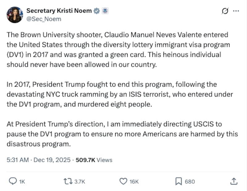 Kristi Noem's X post.