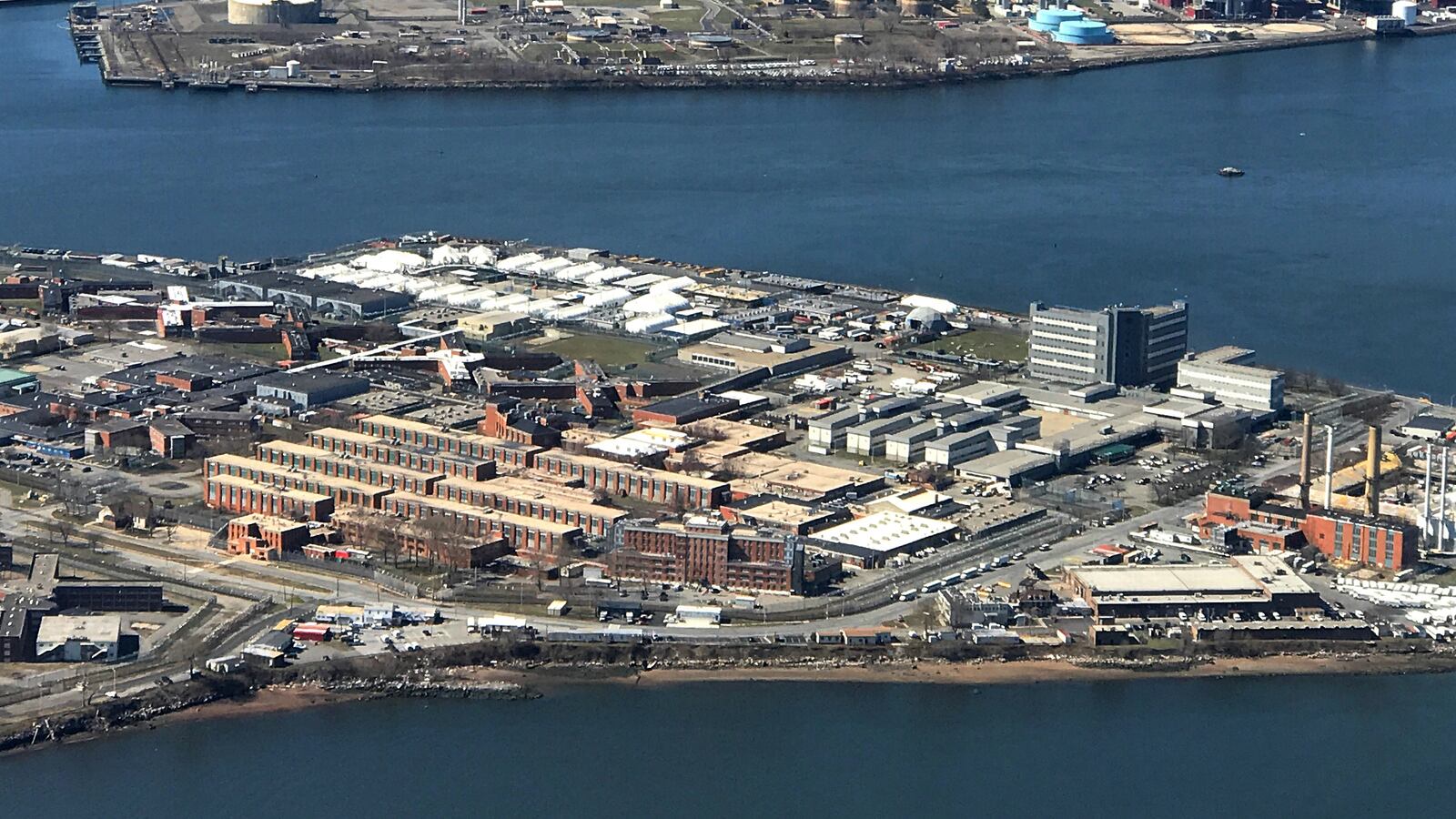 The Rikers Island Prison complex (foreground) is seen from an airplane in the Queens borough of New York City, New York, April 2, 2017.