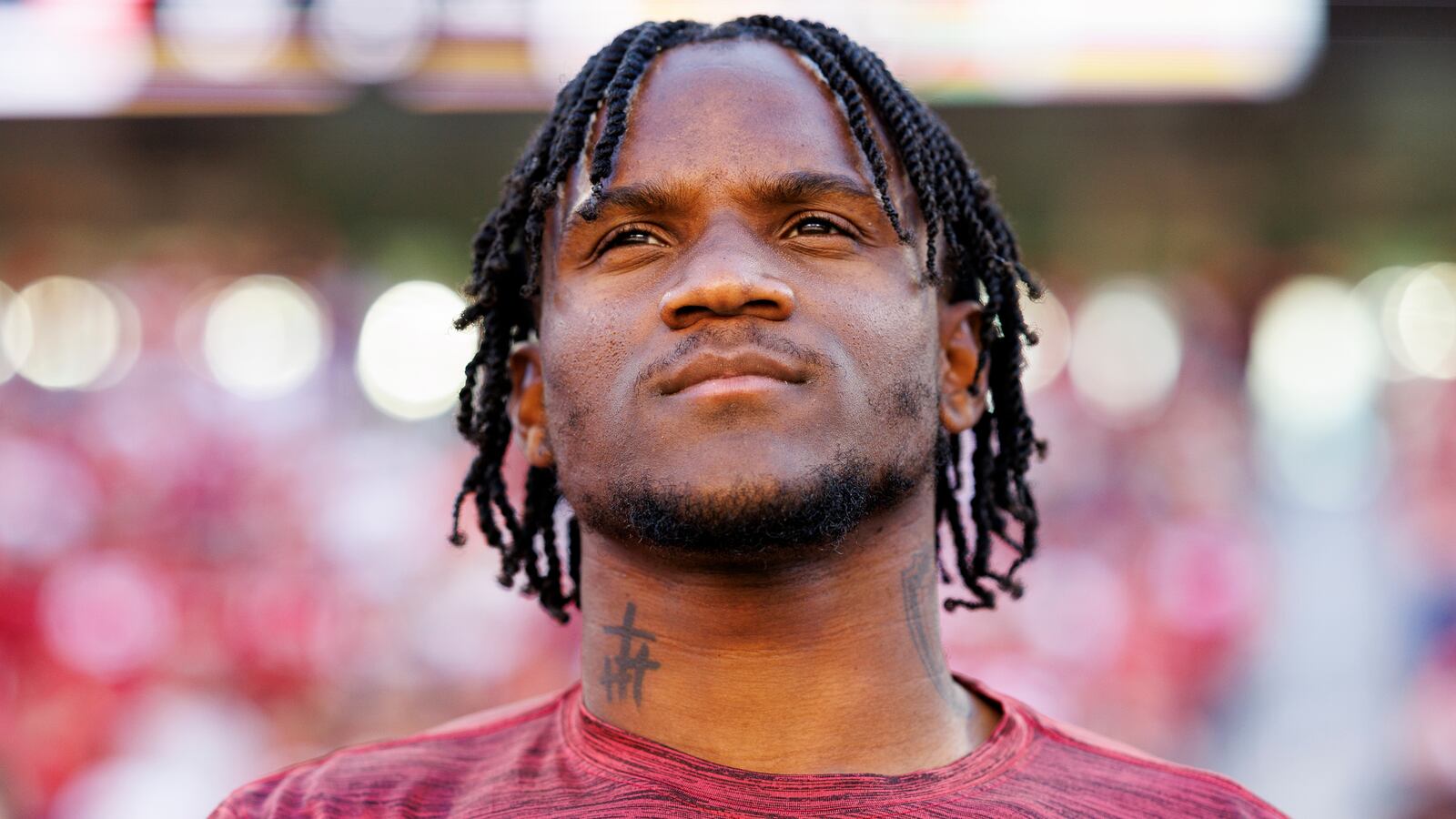 Cornerback Charvarius Ward #7 of the San Francisco 49ers stands on the sidelines during the national anthem prior to an NFL preseason football game against the New Orleans Saints, at Levi's Stadium on August 18, 2024 in Santa Clara, California.