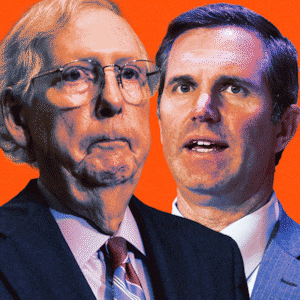 An animated GIF of a disappearing Sen. Mitch McConnell and Gov. Andy Beshear.
