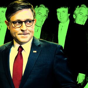 A photo illustration of House Speaker Mike Johnson, Donald Trump, and Jeffrey Epstein.