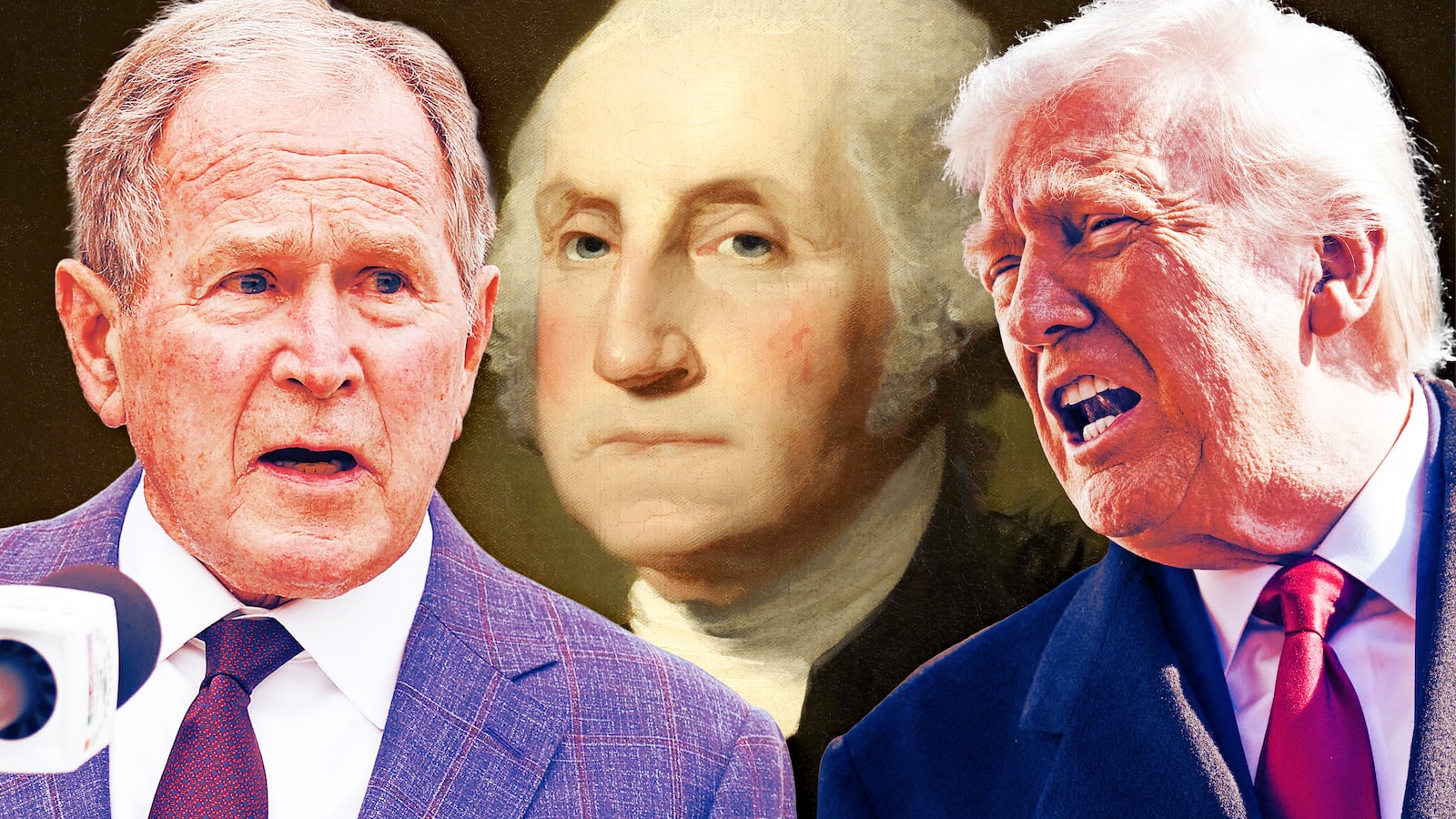 A photo illustration of George W. Bush, George Washington, and Donald Trump.