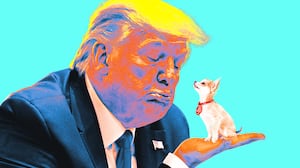 A photo illustration illo of Donald Trump holding a tiny puppy.